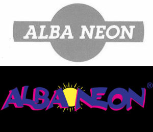 Primo logo e logo attuale della Alba Neon s.r.l. a confronto